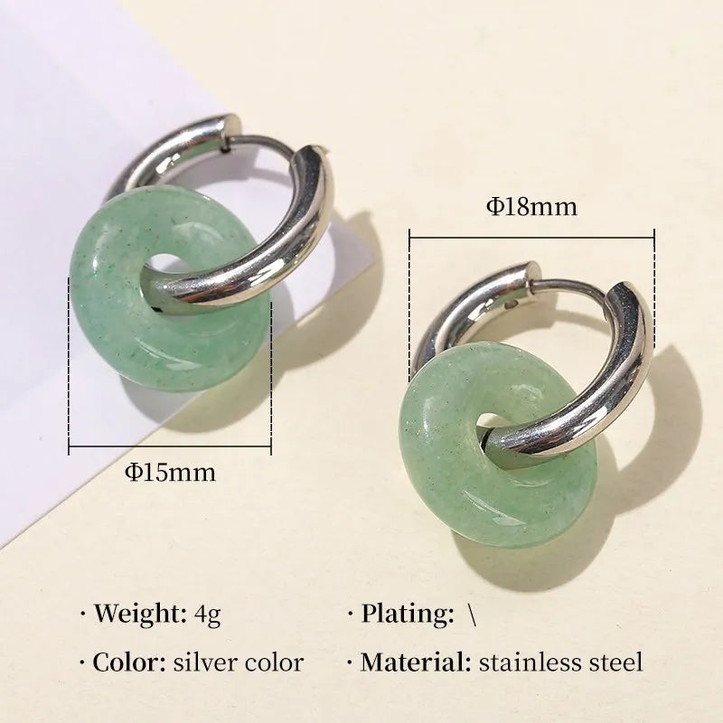 Natural Stone Donut Shape Silver Hoop Earrings
