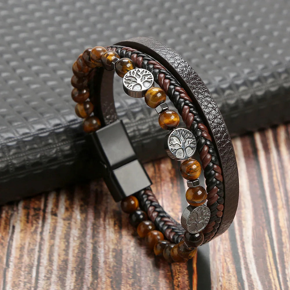 Tree of Life Tiger Eye Beaded Multi-Layer Leather Bracelets