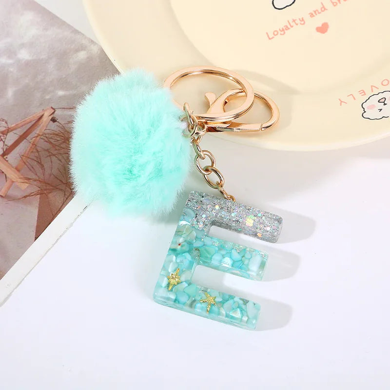 Aqua Flow 26 Initials Letter Key Pendant With Green Blue Fluffy Pompom