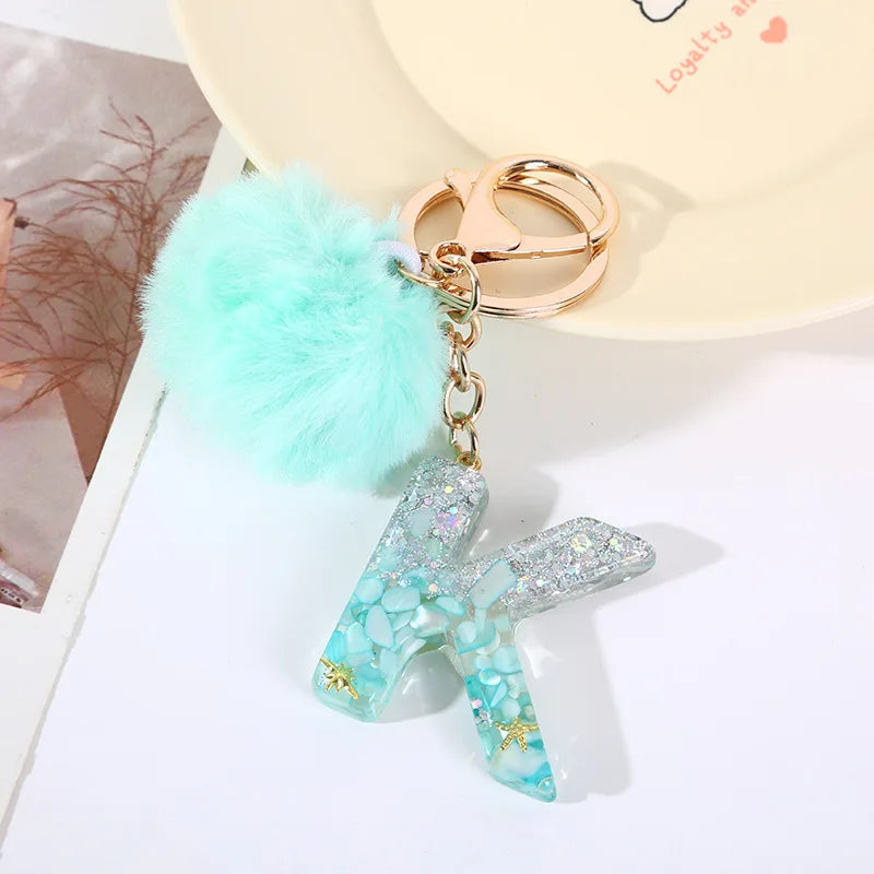 Aqua Flow 26 Initials Letter Key Pendant With Green Blue Fluffy Pompom