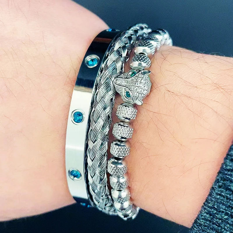 Luxury Green Eye Leopard Head Charm Bracelet Bangles Set