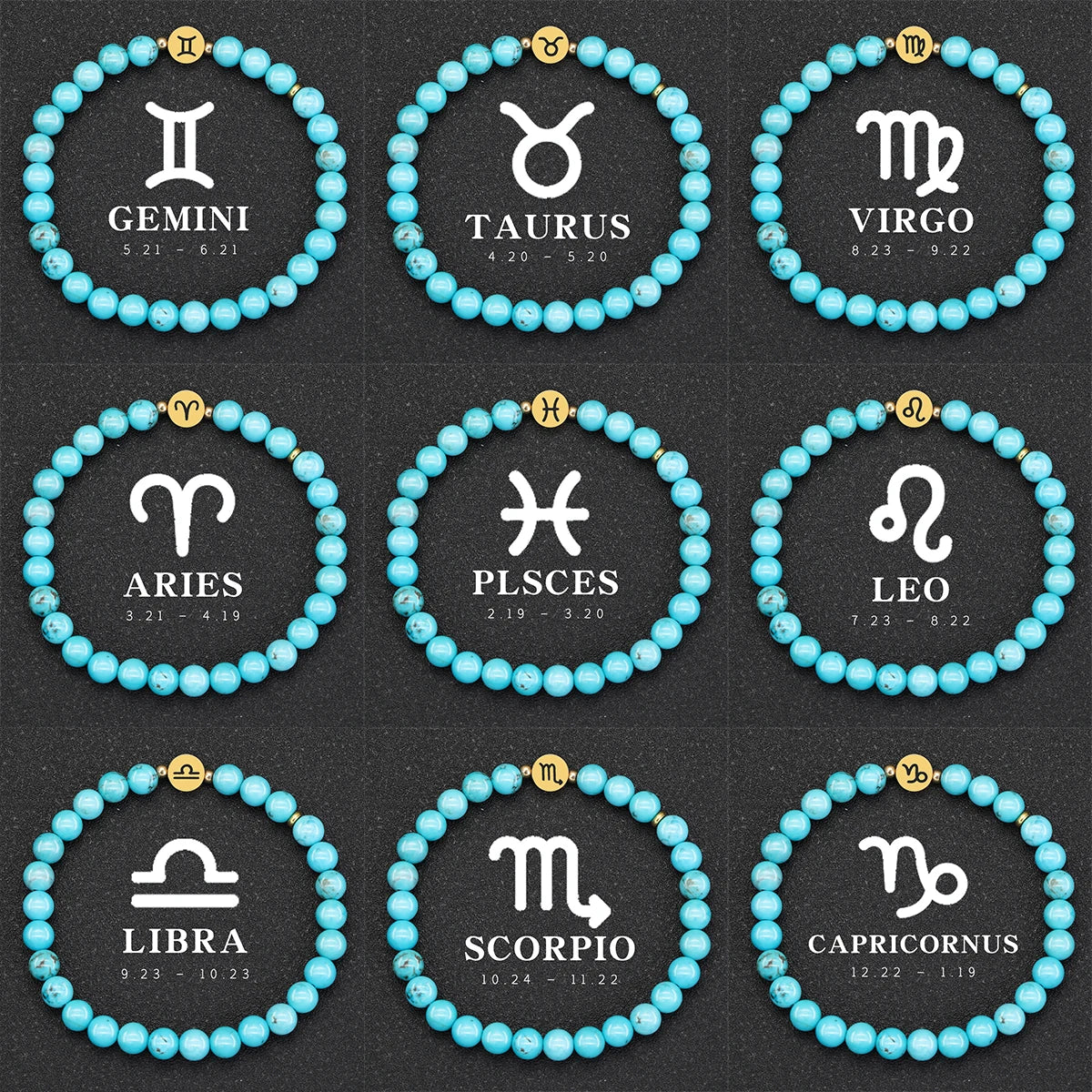 Natural Stone Blue Turquoise 12 Zodiac Bracelets