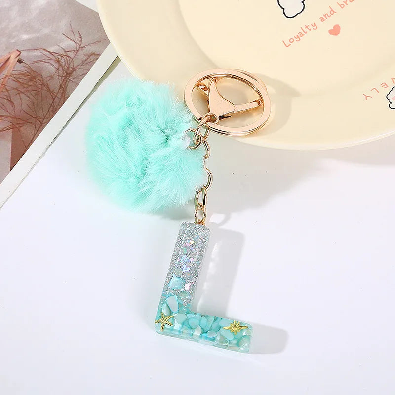 Aqua Flow 26 Initials Letter Key Pendant With Green Blue Fluffy Pompom