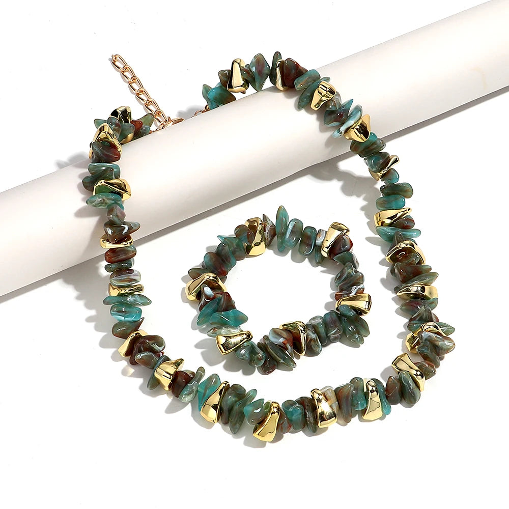 Gold Colorful Chip Stone Beads Necklace Bracelet Sets