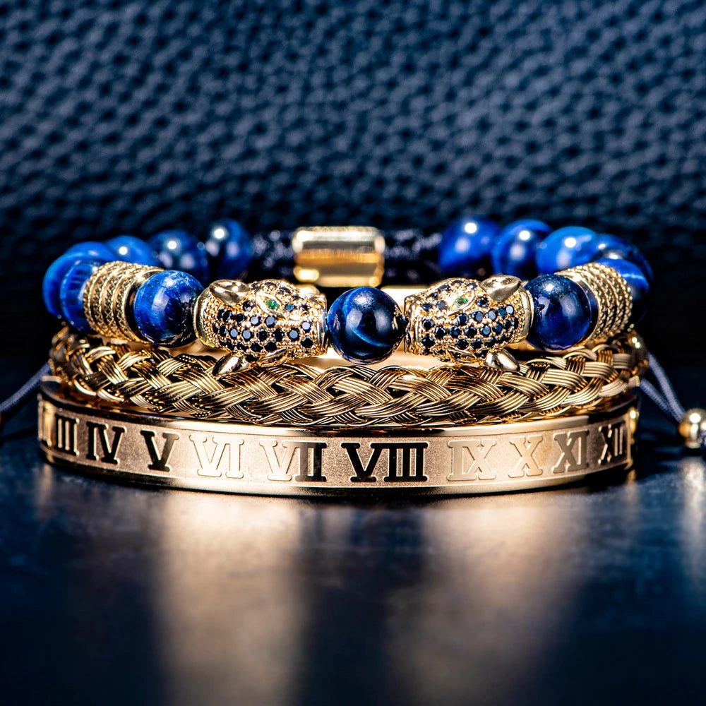Luxury Double Leopard Head Roman Numeral Bracelet Sets