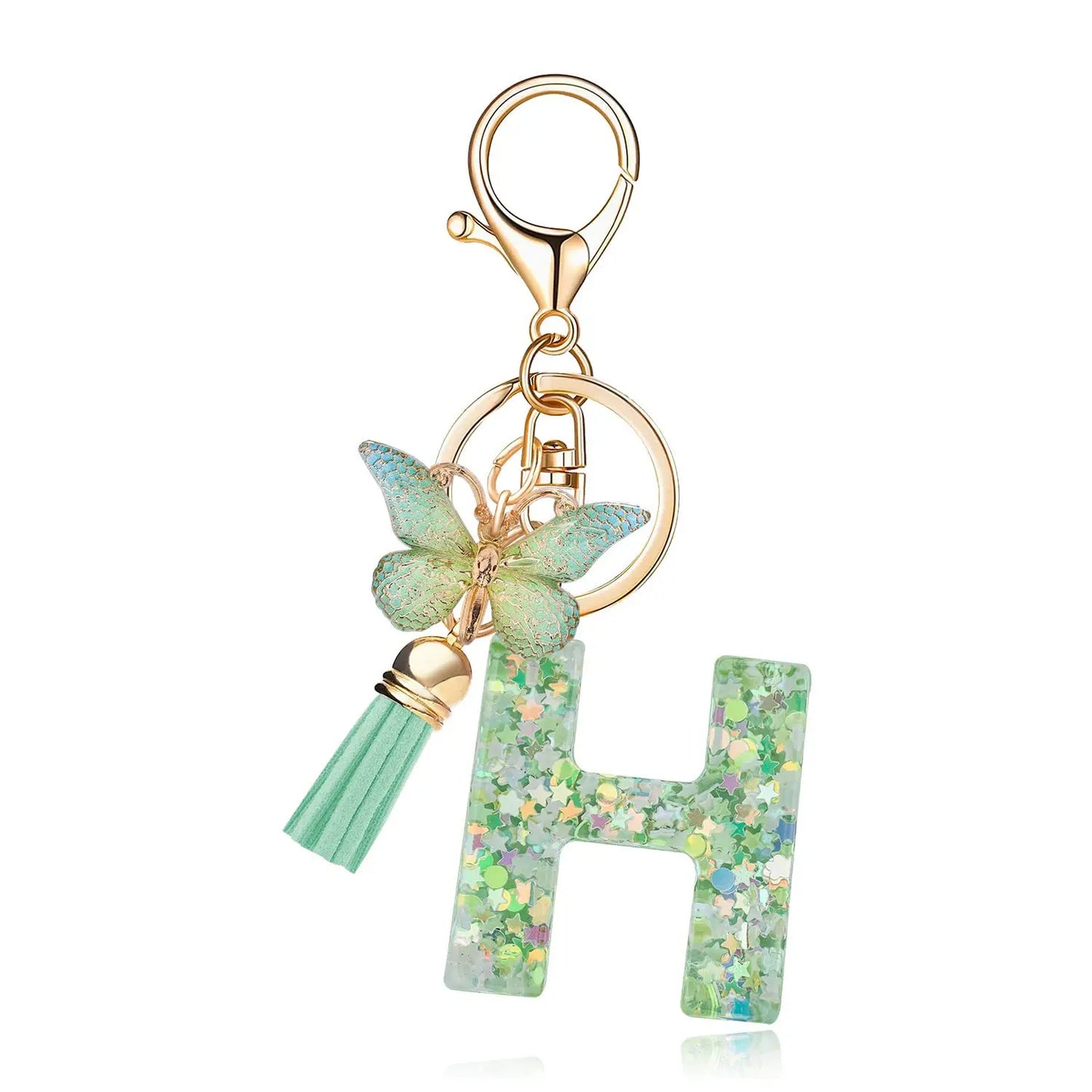 Spring Green Color Glitter Initial Letter Key Chain With Butterfly Tassel Pendant ﻿