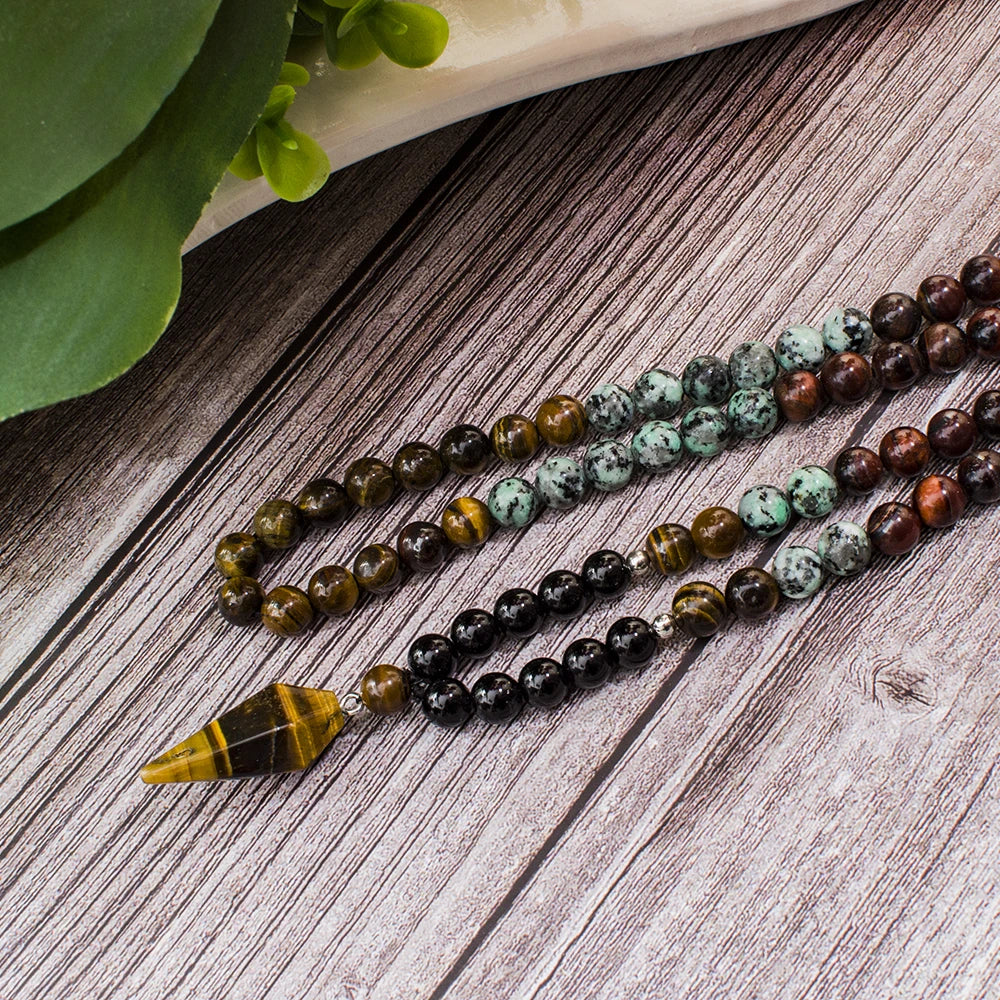 Black Onyx African Turquoise Beads Necklace Set with Tiger Eye Pendant