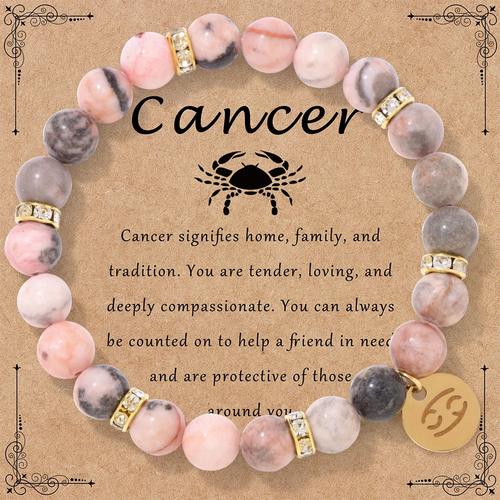 Pink Zebra Stone 12 Star Constellation Sign Beaded Bracelets