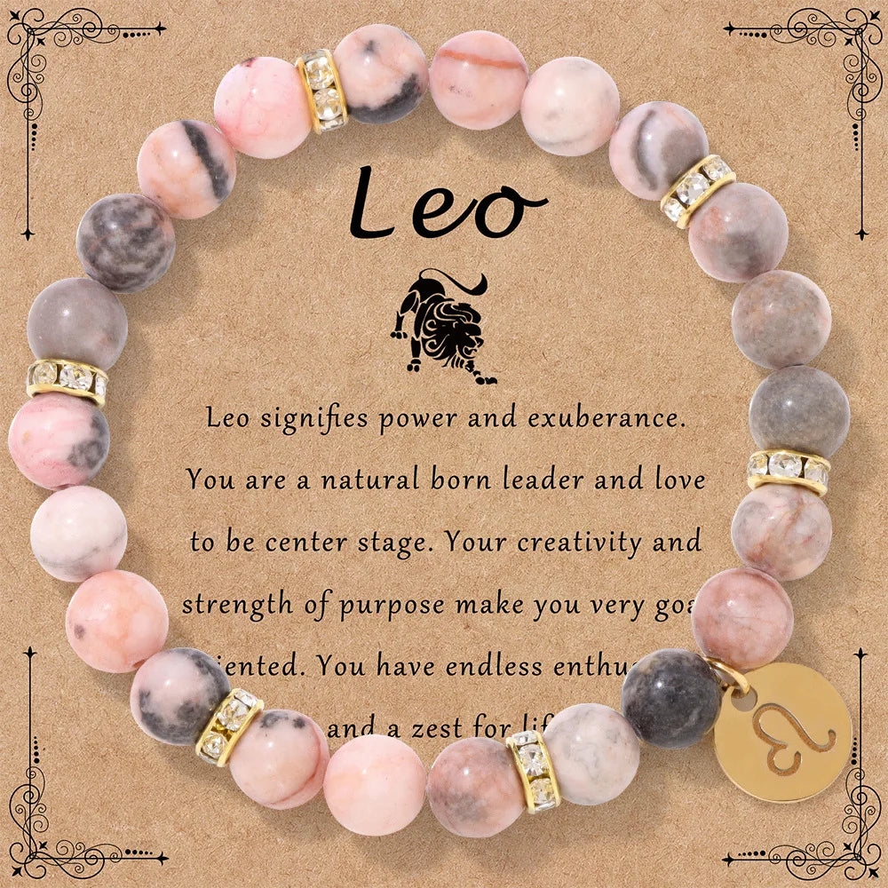 Pink Zebra Stone 12 Star Constellation Sign Beaded Bracelets