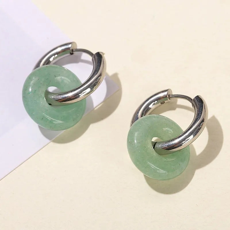 Natural Stone Donut Shape Silver Hoop Earrings