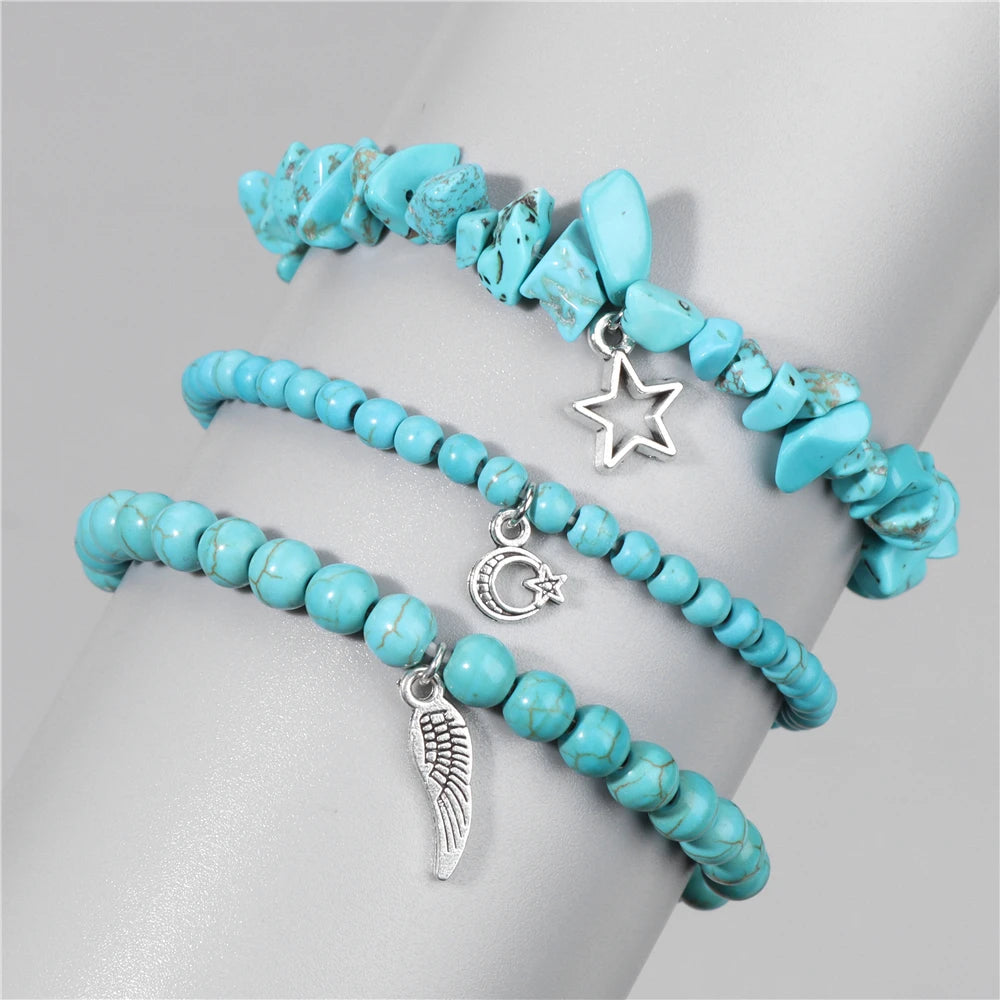 Natural Stone Healing Star Moon Feather Pendant Bracelets Sets
