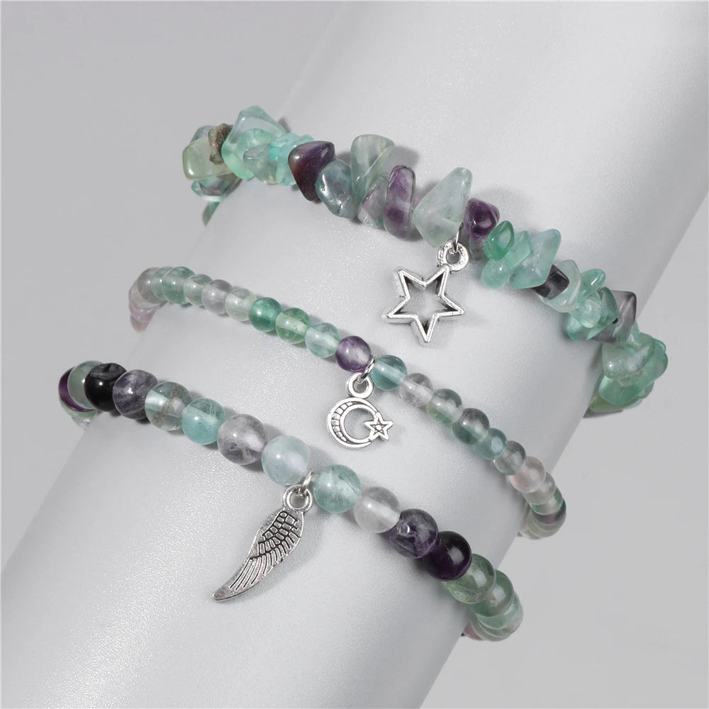 Natural Stone Healing Star Moon Feather Pendant Bracelets Sets
