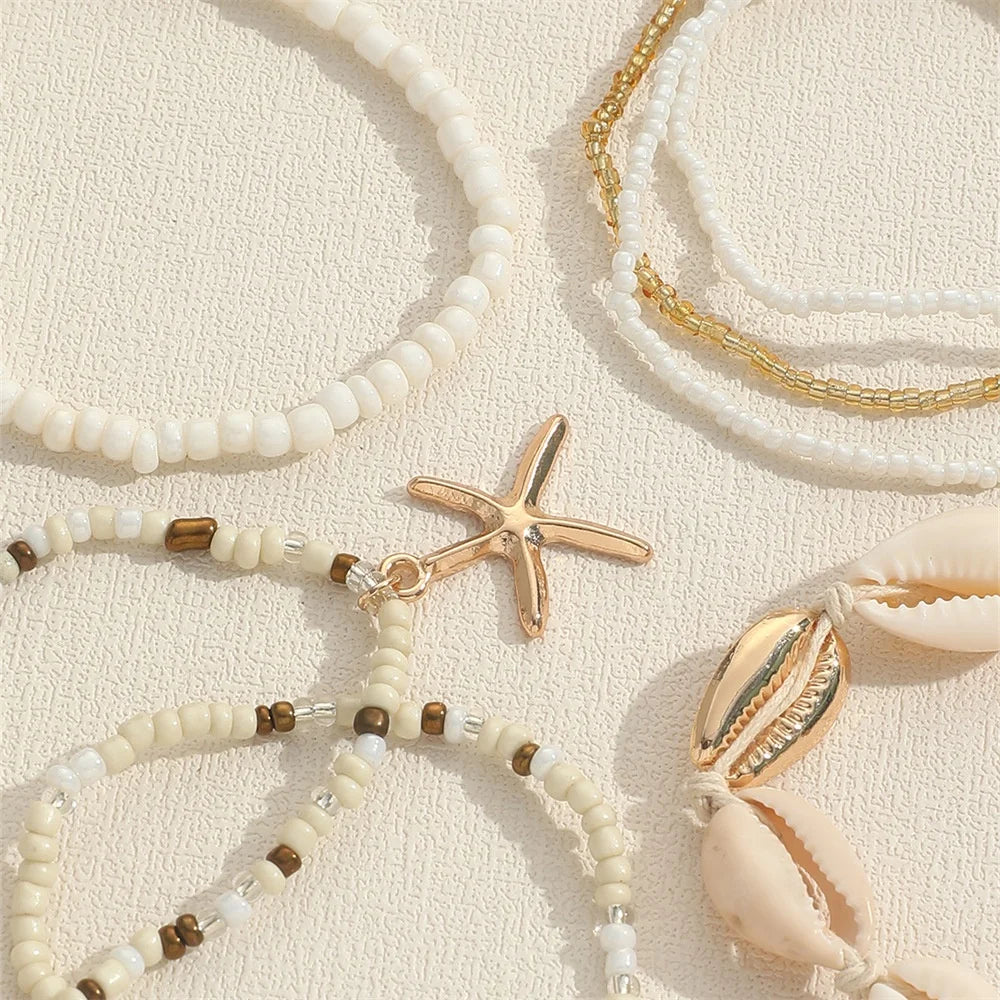 Sunny Rice Bead Starfish Sea Shell Pendant Bracelets Sets