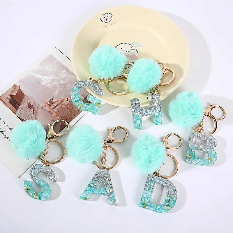 Aqua Flow 26 Initials Letter Key Pendant With Green Blue Fluffy Pompom