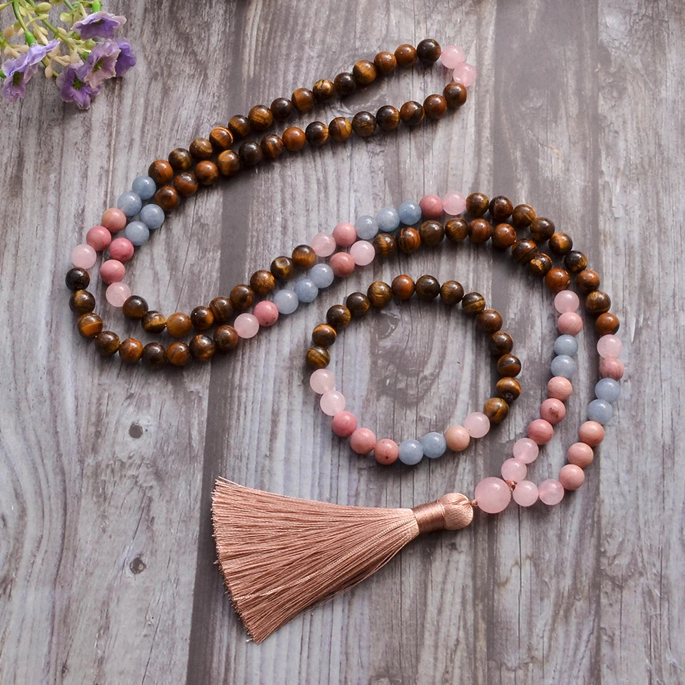 Pink Yellow Tiger Eye Rose Quartz Aquamarine Beads Set