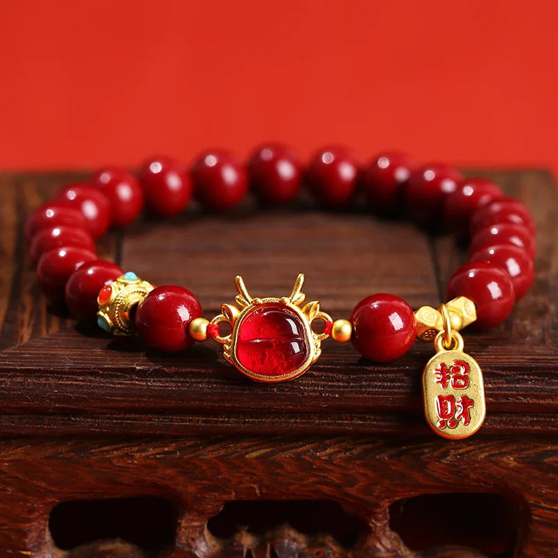 Royal Red Natural Cinnabar Protection Crystal Carved Vintage Bracelets