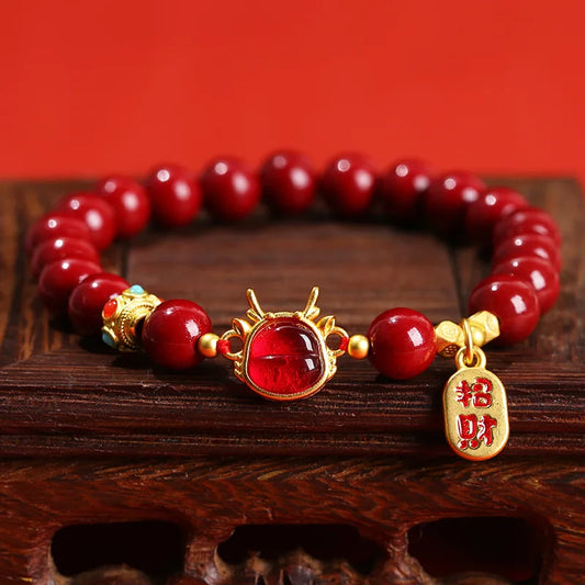 Royal Red Natural Cinnabar Protection Crystal Carved Vintage Bracelets