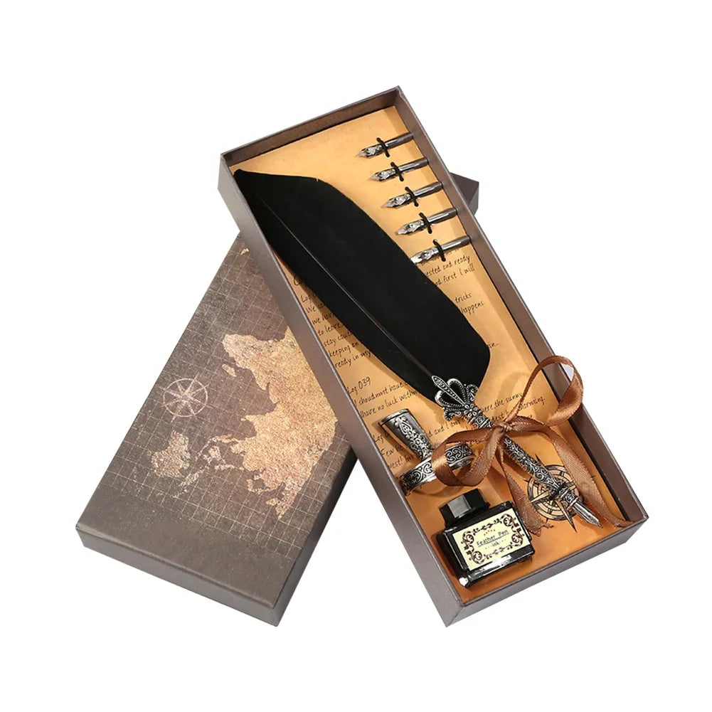 Exquisite Antique Feather Dip Writing Ink Treasure Set