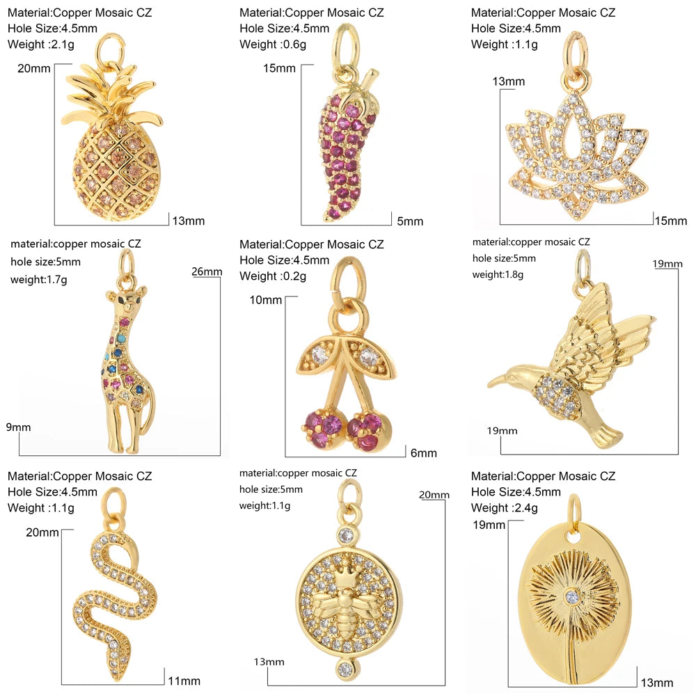 Cute Animals Plants Gold Bracelet Charm Pendants