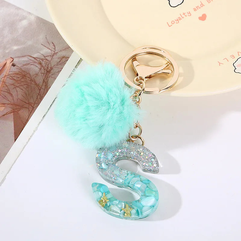 Aqua Flow 26 Initials Letter Key Pendant With Green Blue Fluffy Pompom