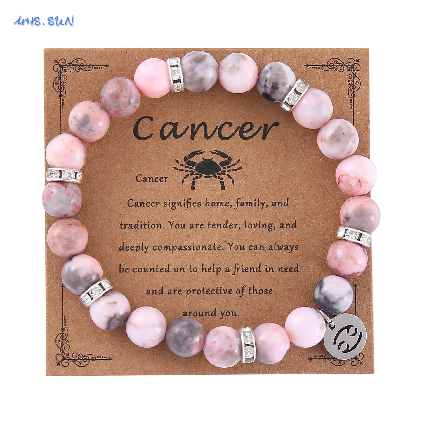 Pink Zebra Stone 12 Star Constellation Sign Beaded Bracelets