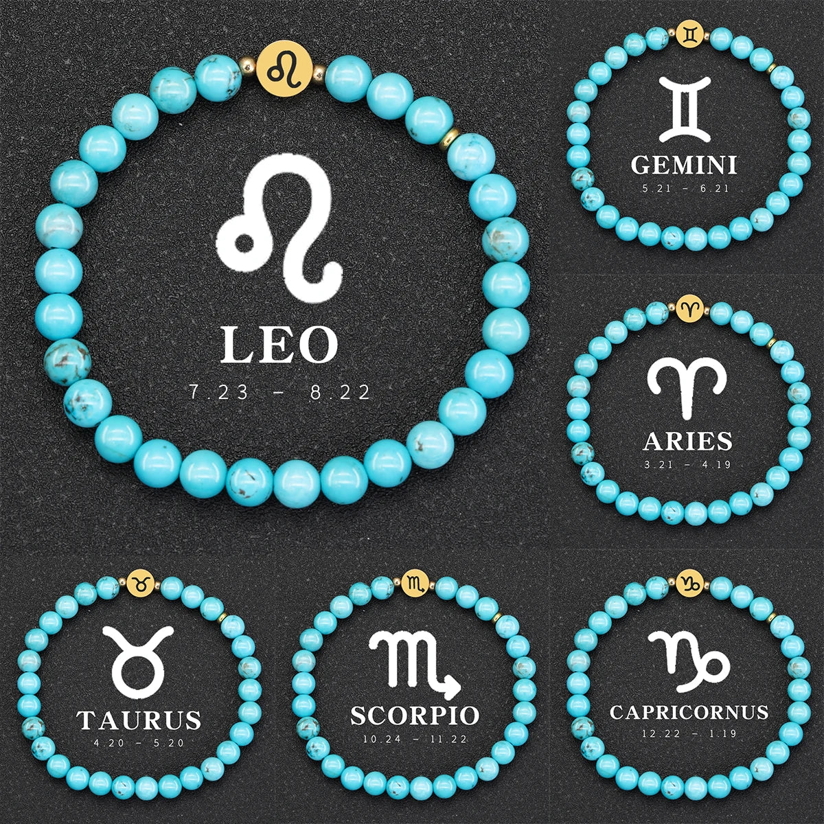 Natural Stone Blue Turquoise 12 Zodiac Bracelets