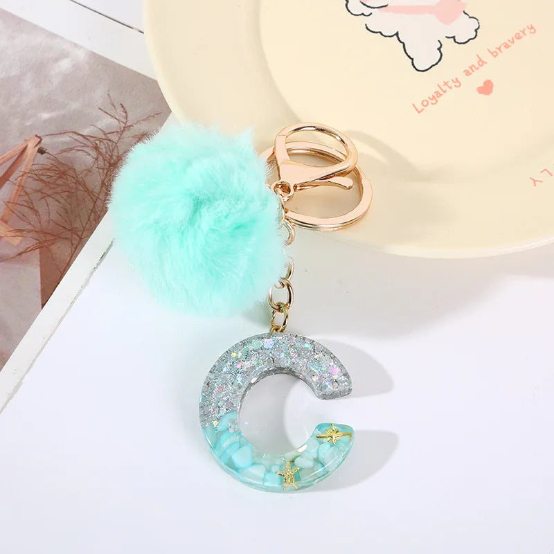 Aqua Flow 26 Initials Letter Key Pendant With Green Blue Fluffy Pompom