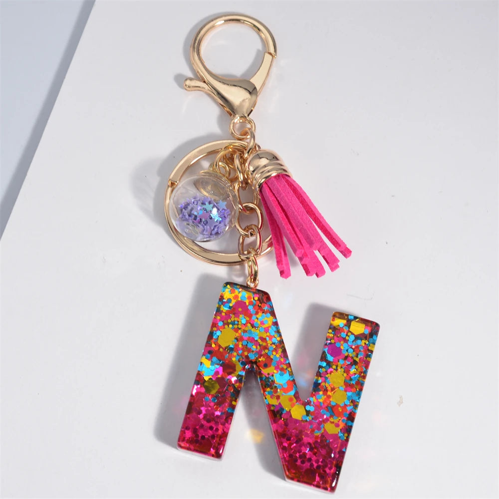 Mystery Star Ball 26 Letters Tassel Fuchsia Keychain