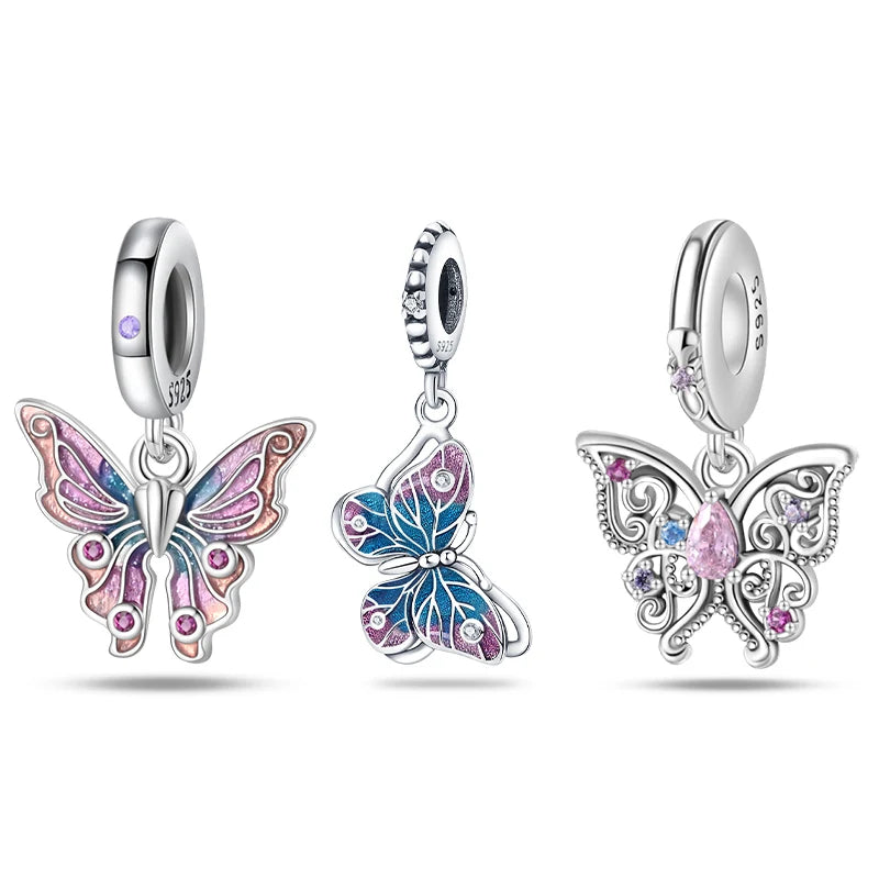 Silver Butterfly Plant Flowers Series Charms Beads