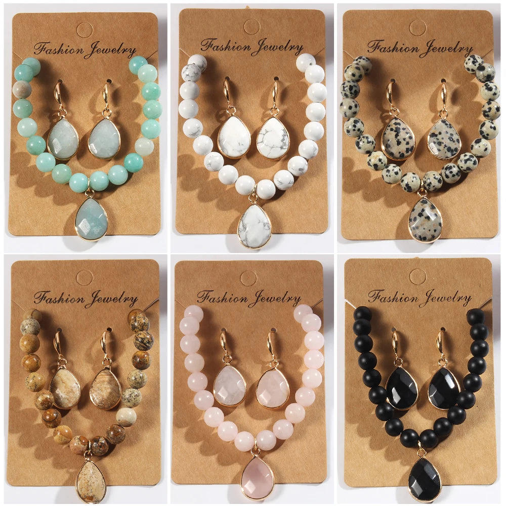 Gorgeous Stone Beaded Bracelet & Stone Drop Charm Earring Sets
