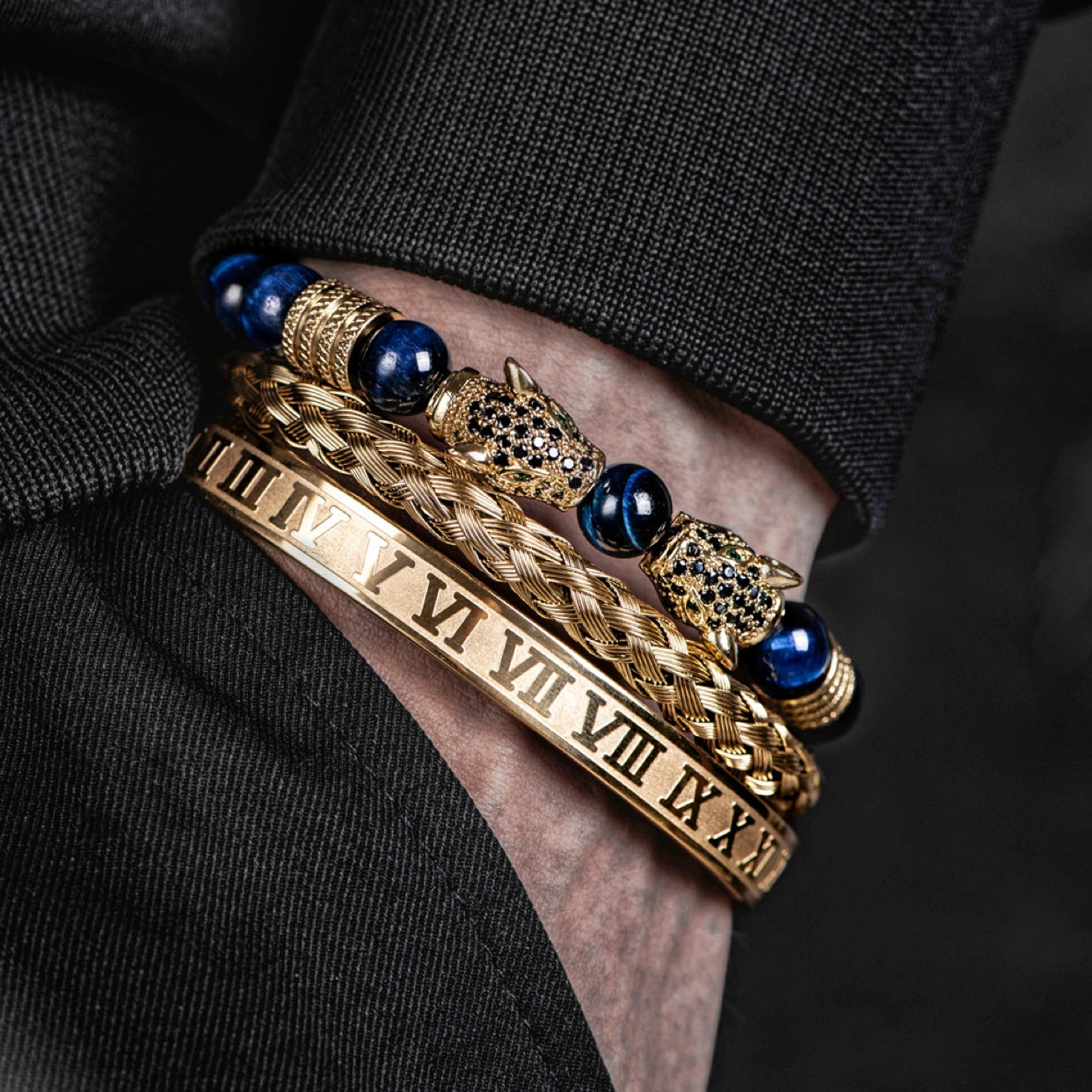 Luxury Double Leopard Head Roman Numeral Bracelet Sets