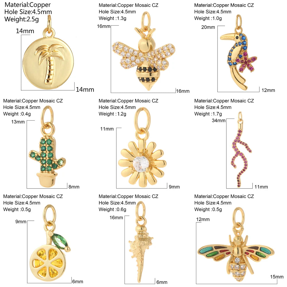 Cute Animals Plants Gold Bracelet Charm Pendants