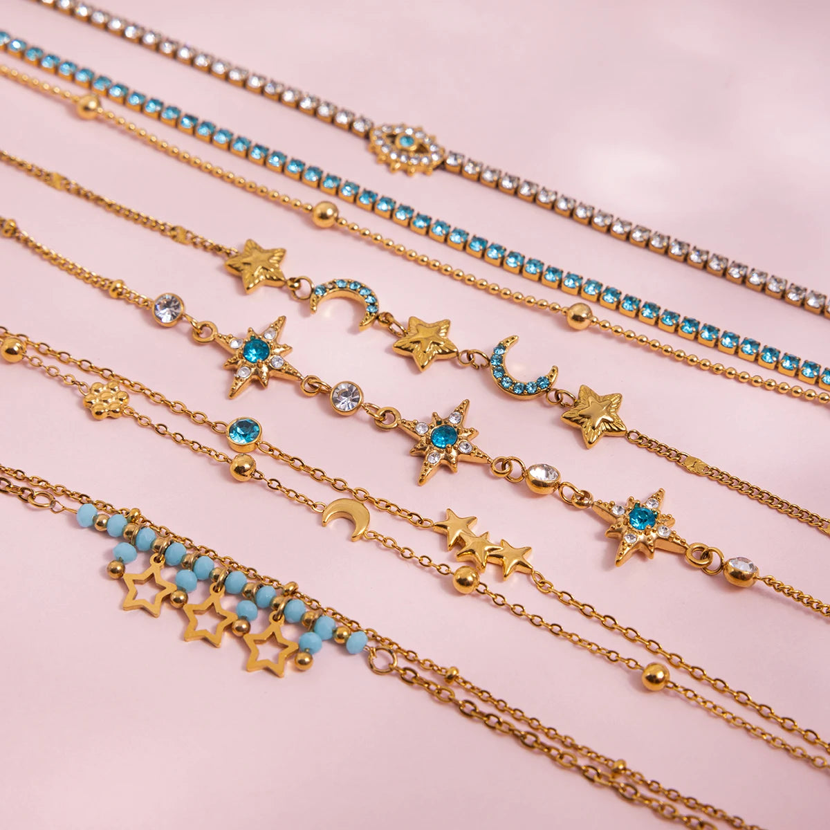 Celestial Star and Moon Double 18K Gold Bracelet