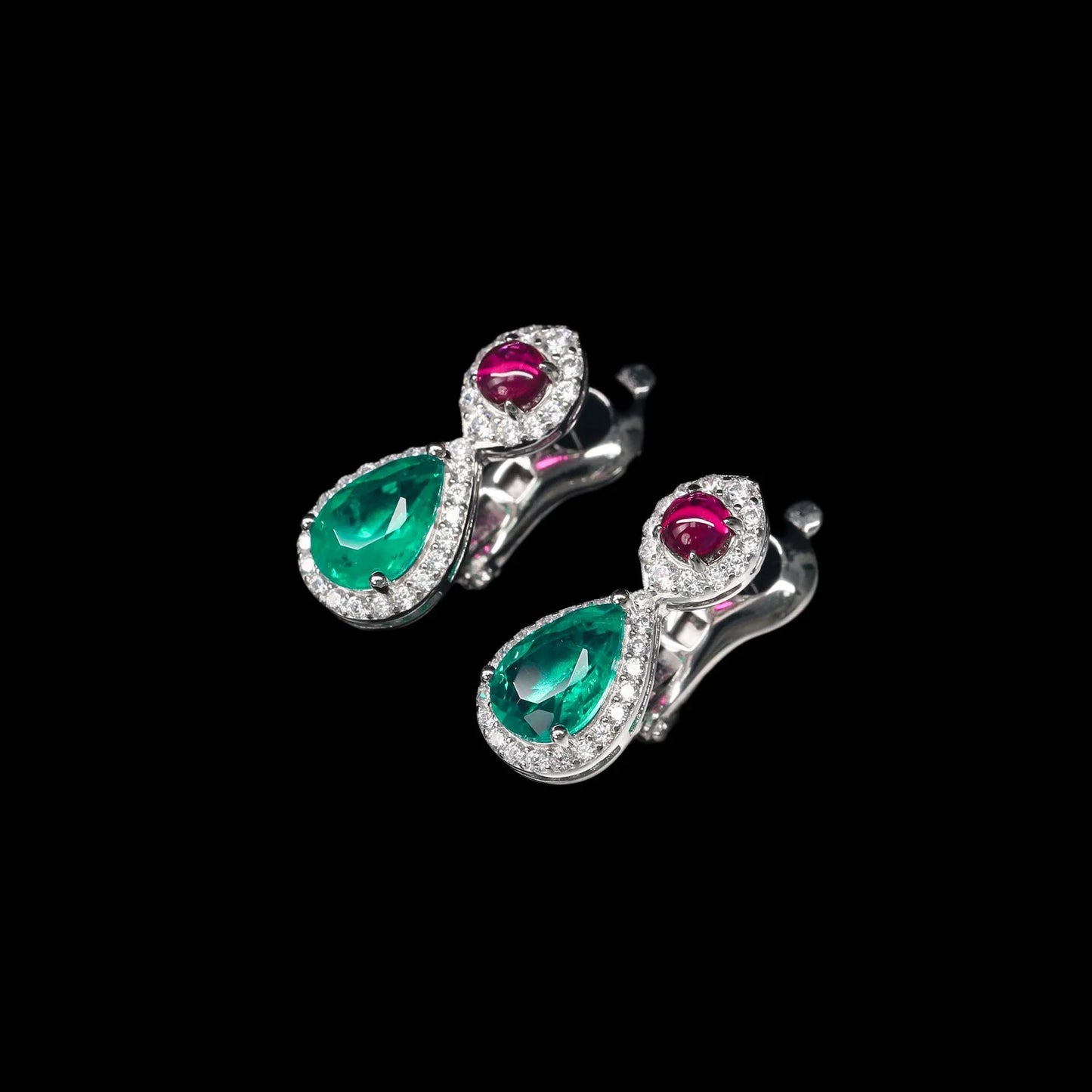 Royal Pear of Eye Sapphire Emerald Diamonds Drop Earrings