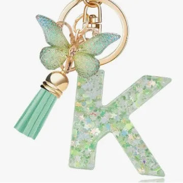 Spring Green Color Glitter Initial Letter Key Chain With Butterfly Tassel Pendant ﻿