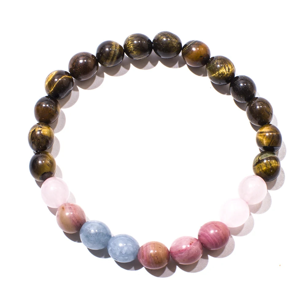 Pink Yellow Tiger Eye Rose Quartz Aquamarine Beads Set