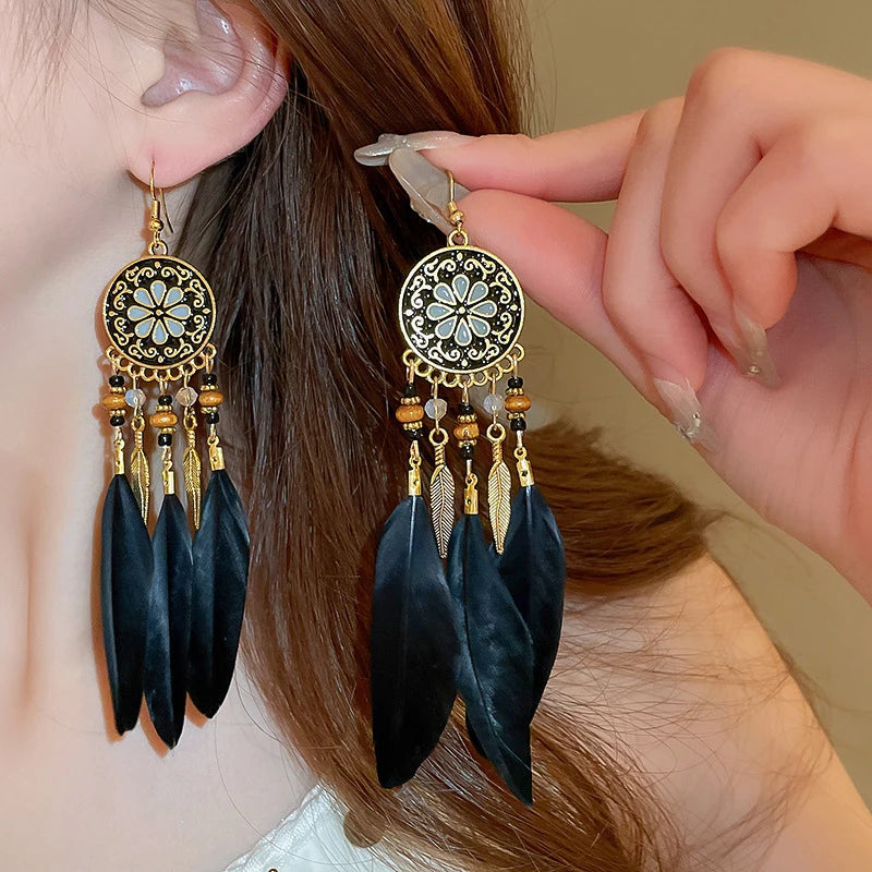 Beautiful Round Feather Tassel Bead Earrings