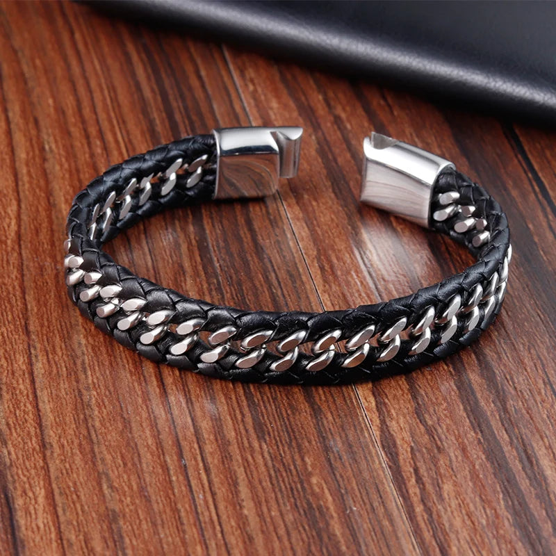Modern Woven Black Leather Stainless Steel Bracelets