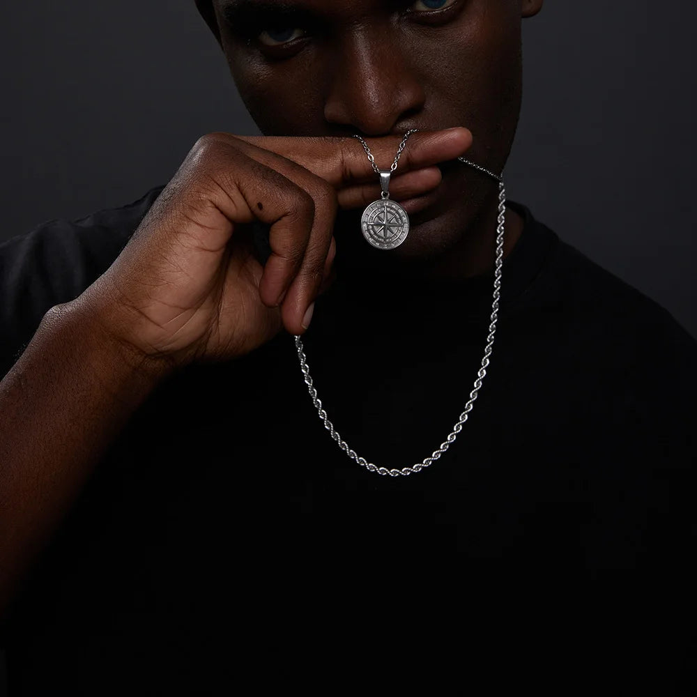 Travel Compass Pendant Cuban Figaro Wheat Chain