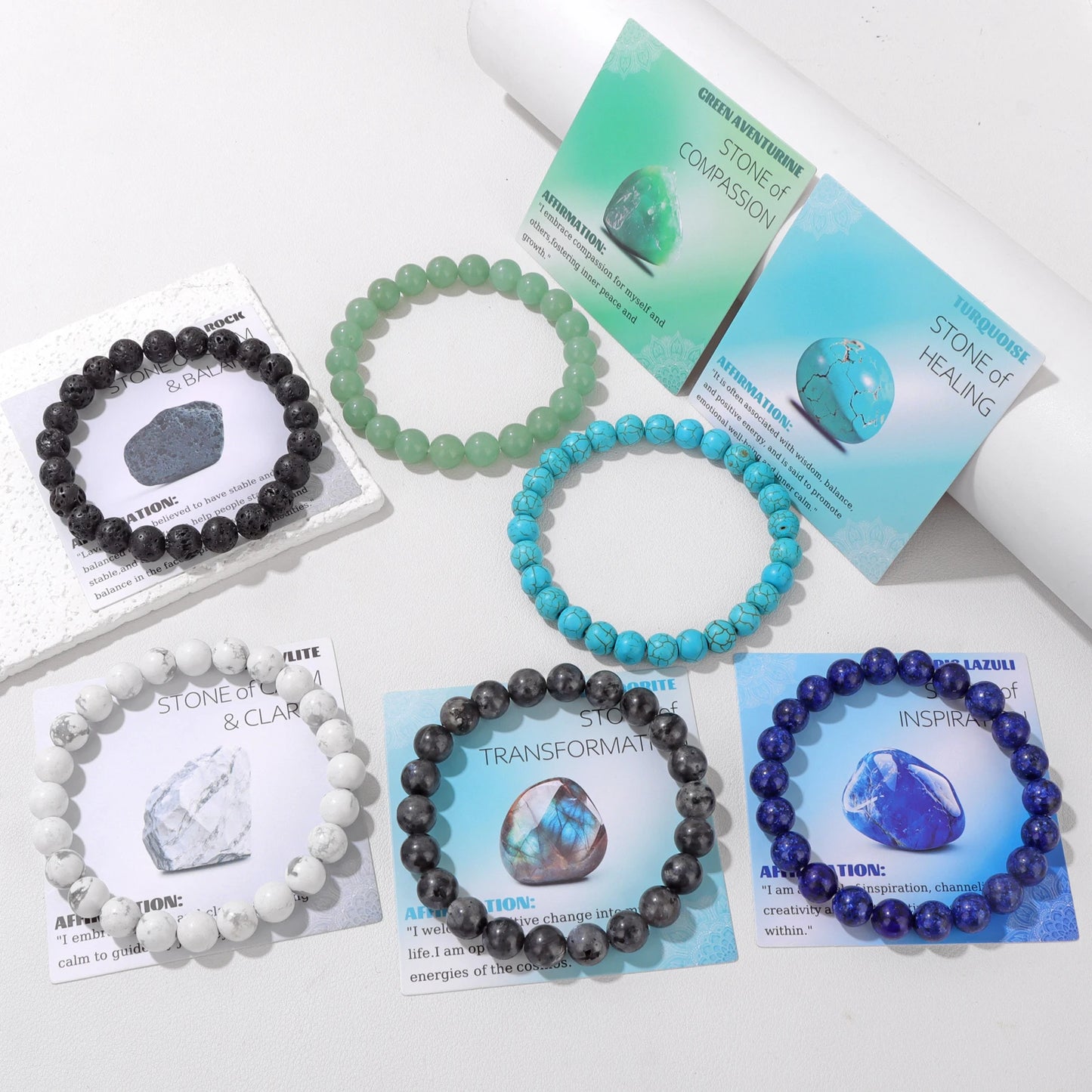 Natural Blue Turquoises Smooth Round Beaded Bracelets with Card