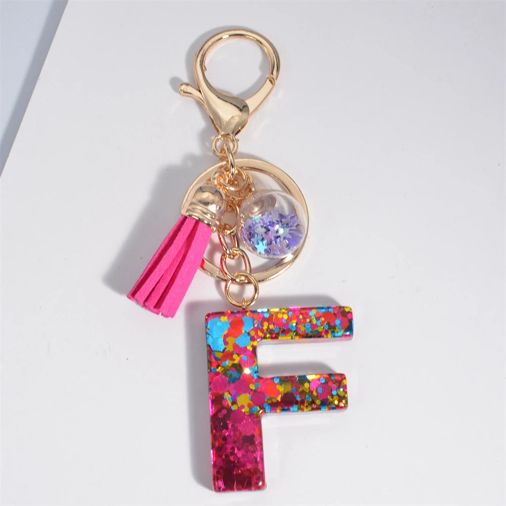 Mystery Star Ball 26 Letters Tassel Fuchsia Keychain