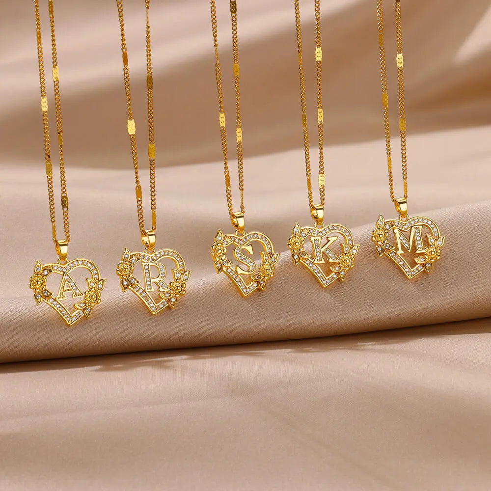 Beautiful Flower Heart Initials Necklaces