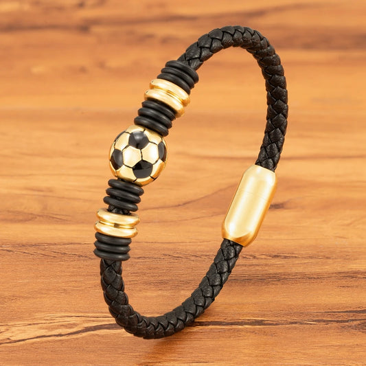Black Hand-woven Football Ball Charm Leather Bracelet