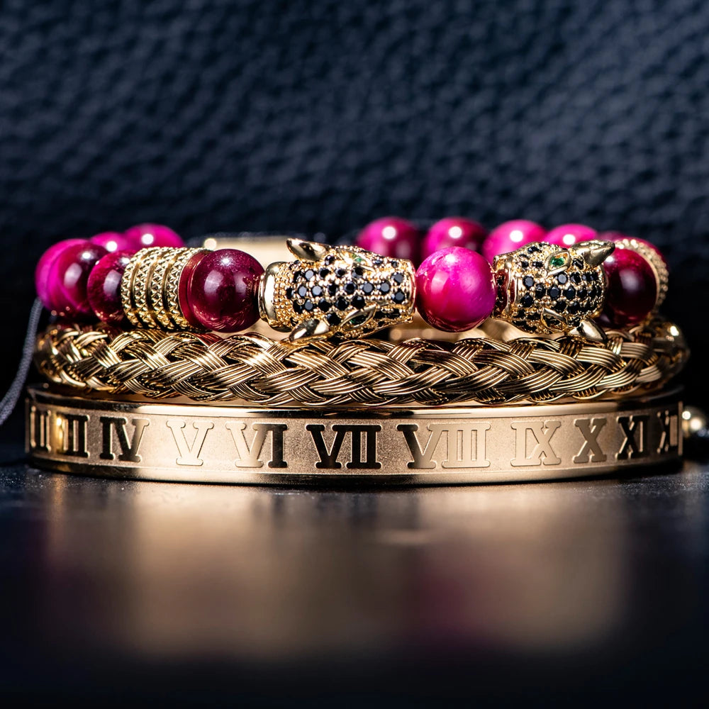 Luxury Double Leopard Head Roman Numeral Bracelet Sets