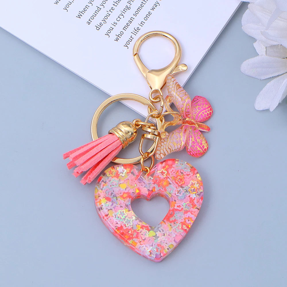 Creative Sequin Love Heart Keychain with Cute Butterfly Tassel