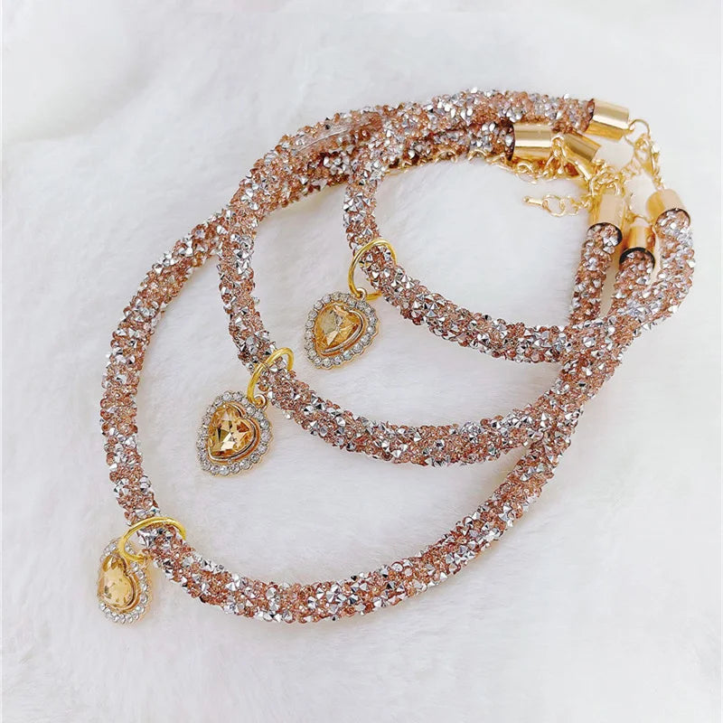 Crystal Cat & Dog Collar Heart Gem Pendant Rhinestone Necklace
