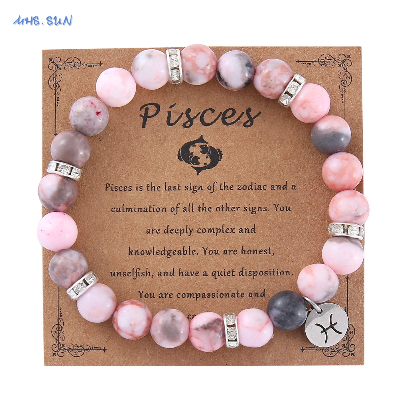 Pink Zebra Stone 12 Star Constellation Sign Beaded Bracelets