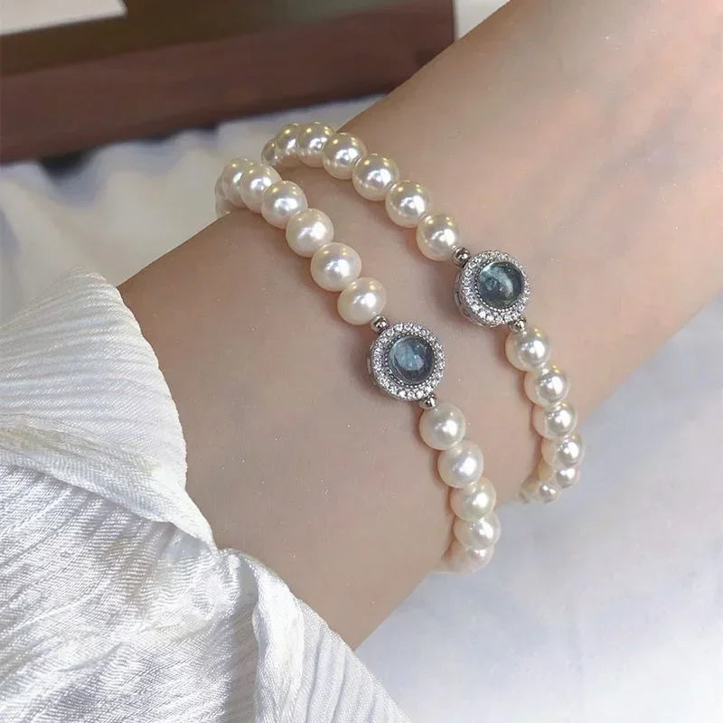 Luxury Silver Blue Crystal Charm Pearl Bracelets