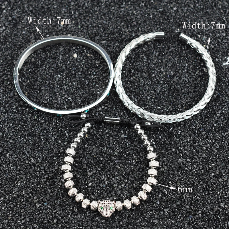 Luxury Green Eye Leopard Head Charm Bracelet Bangles Set