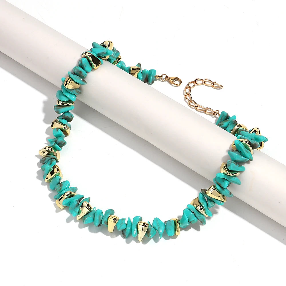 Gold Colorful Chip Stone Beads Necklace Bracelet Sets